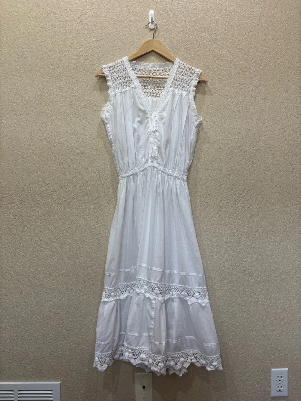 Cottagecore Boho Farmhouse White Cotton Tiered Midi Shirt Dress Croquet Romantic